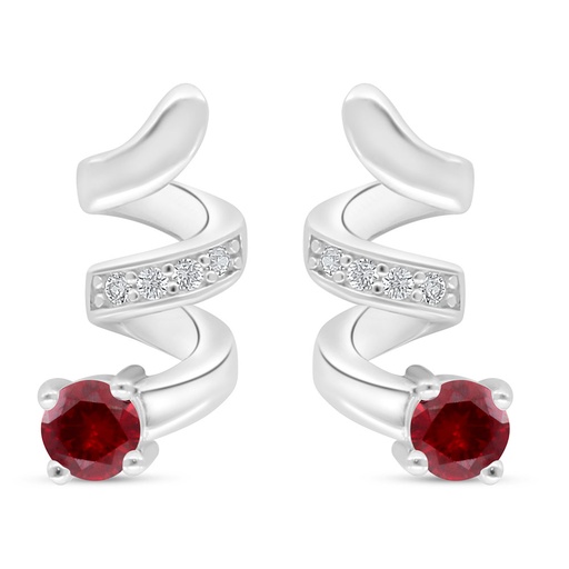 [EAR01RUB00WCZD014] Sterling Silver 925 Earring Rhodium Plated Embedded With Ruby Corundum And White Zircon