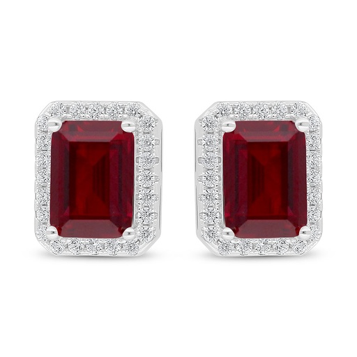 [EAR01RUB00WCZD022] Sterling Silver 925 Earring Rhodium Plated Embedded With Ruby Corundum And White Zircon