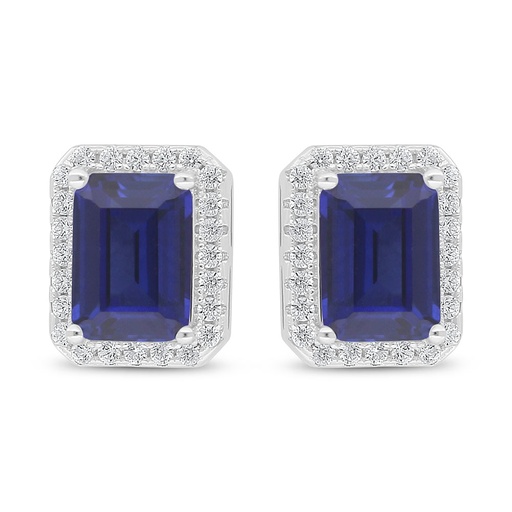 [EAR01SAP00WCZD022] Sterling Silver 925 Earring Rhodium Plated Embedded With Sapphire Corundum And White Zircon