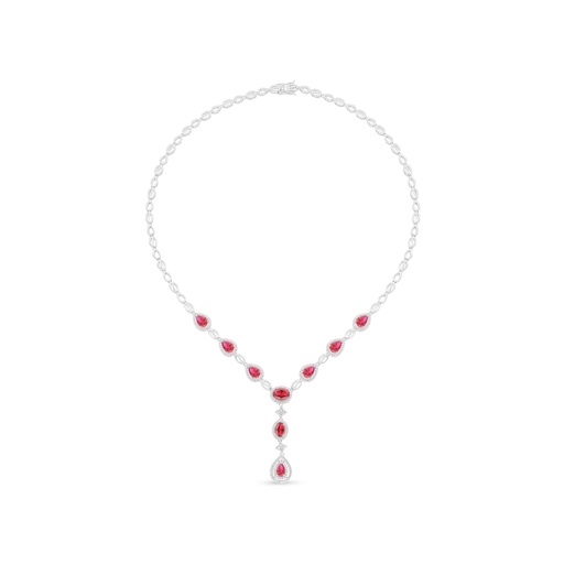 [NCL01RUB00WCZC097] Sterling Silver 925 Necklace Rhodium Plated Embedded With Ruby Corundum And White Zircon