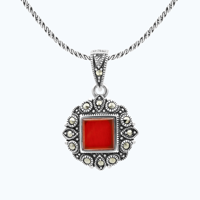 Sterling Silver 925 Pendant Embedded With Natural Aqiq And Marcasite Stones
