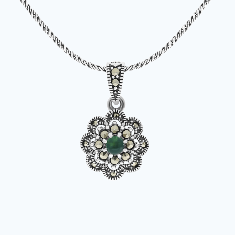 Sterling Silver 925 Pendant Embedded With Natural Green Agate And Marcasite Stones