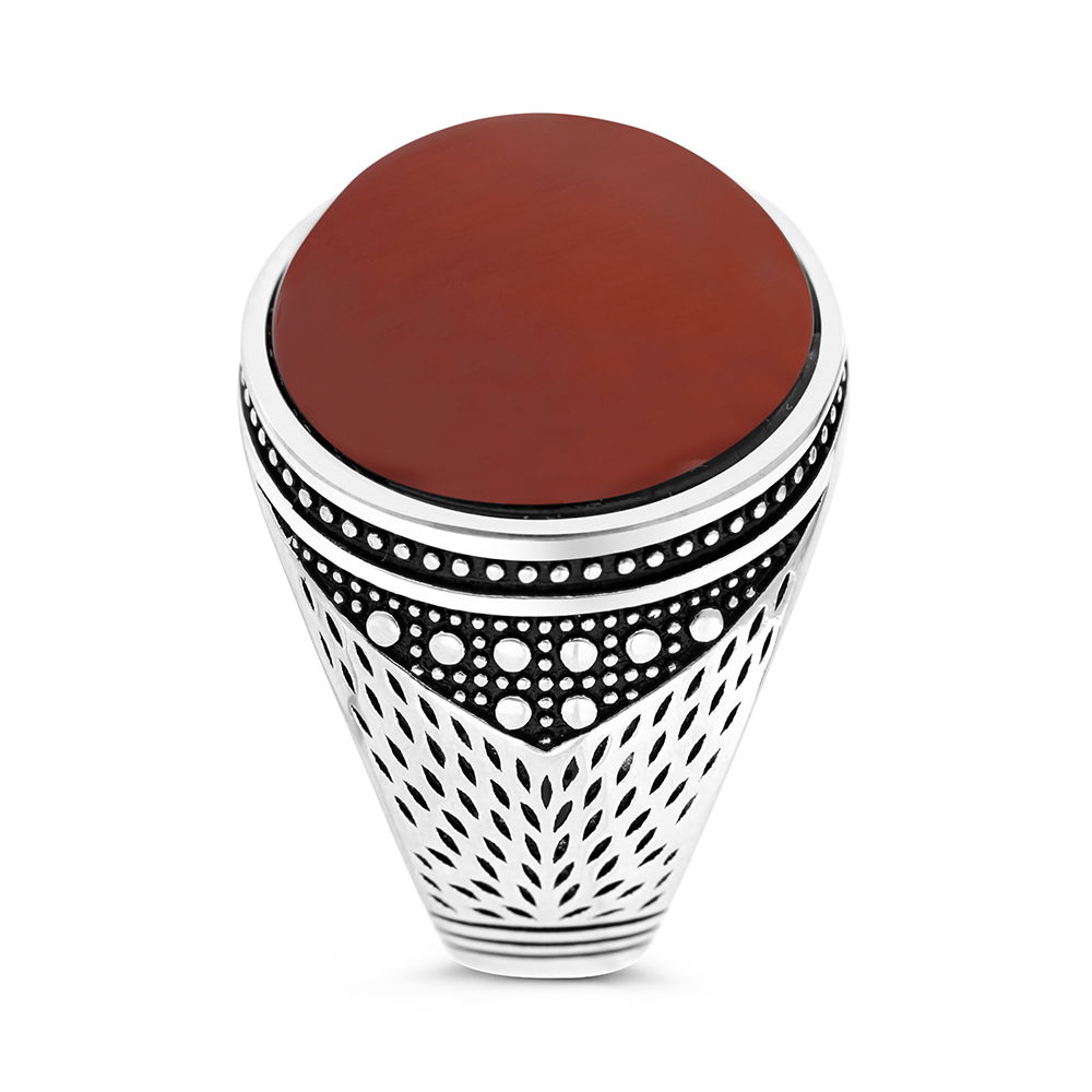 Sterling Silver 925 Ring Rhodium Plated Red Natural Aqiq For Men