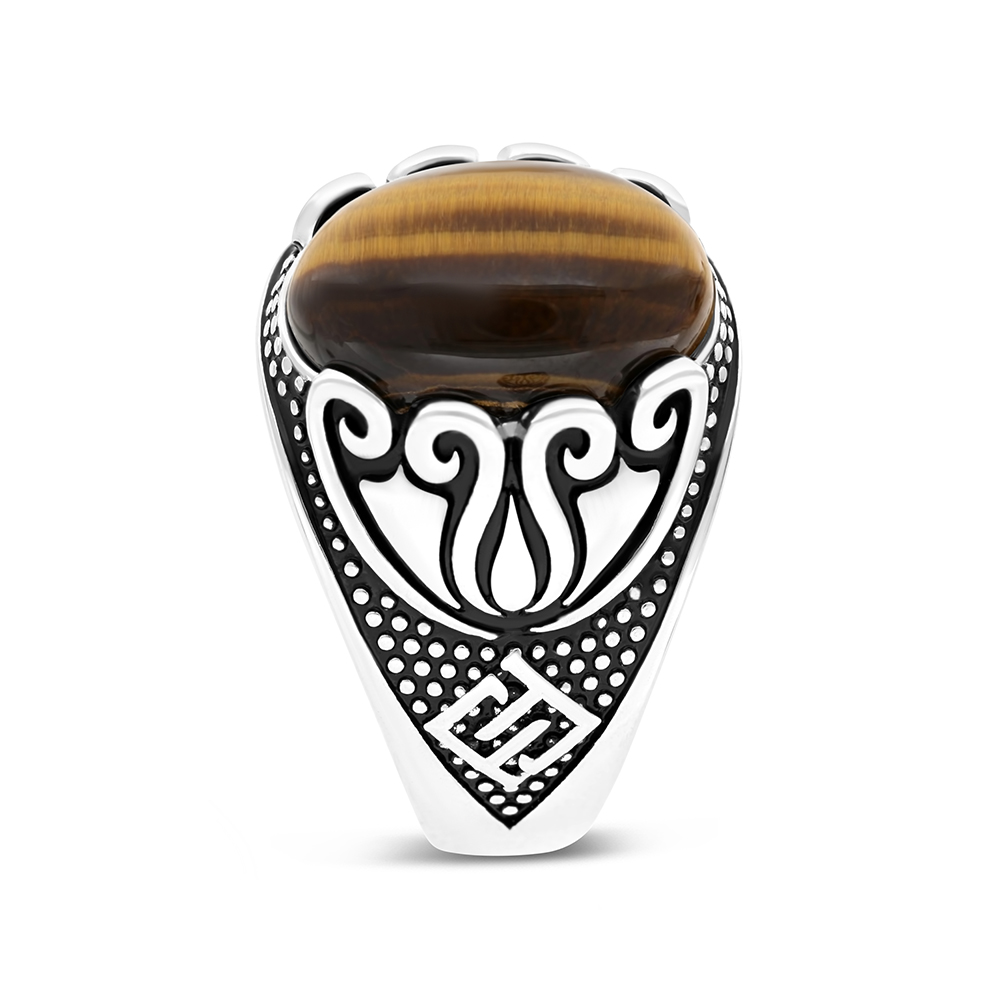Sterling Silver 925 Ring Rhodium Plated Yellow Tiger Eye For Men