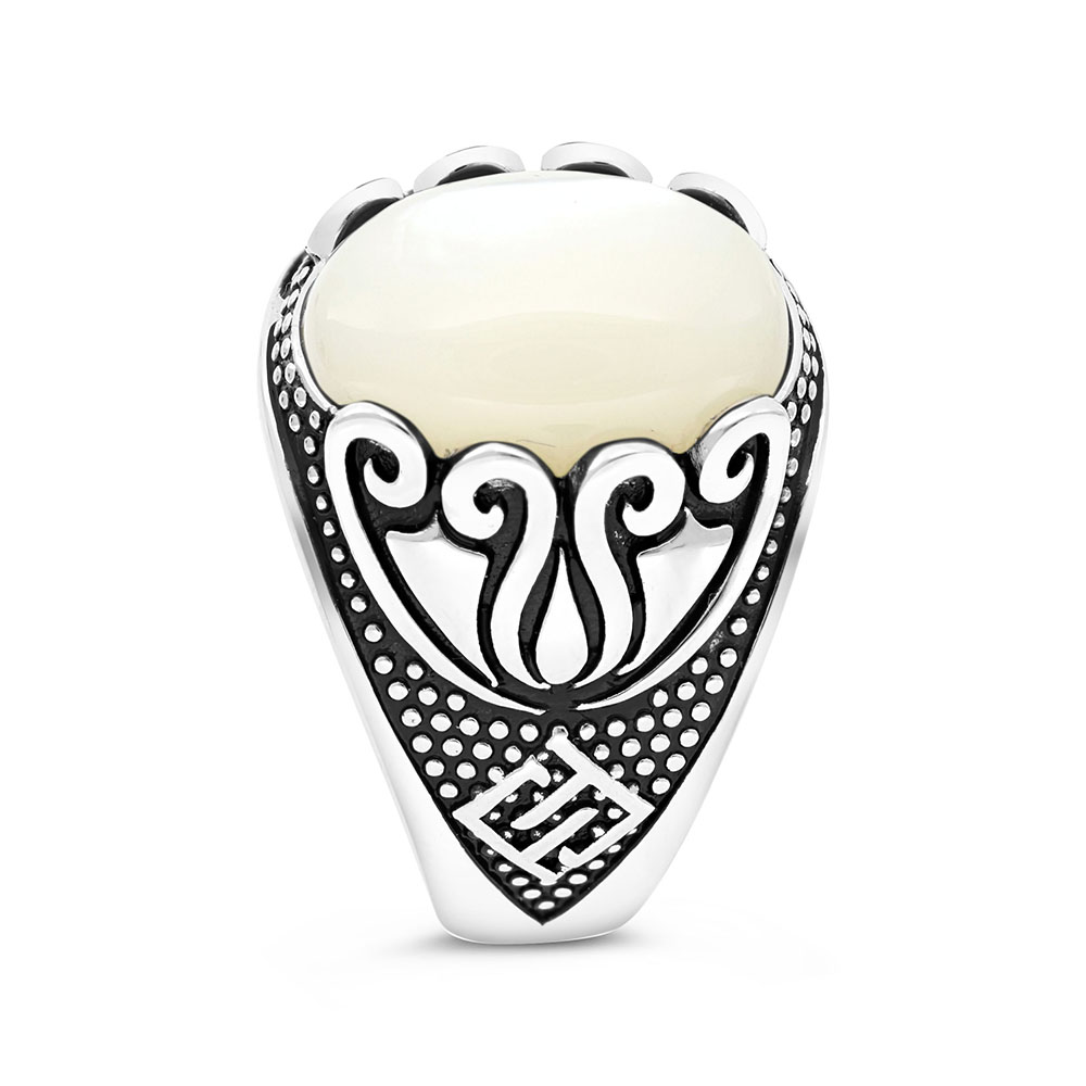 Sterling Silver 925 Ring Rhodium Plated White MOP For Men LOGO