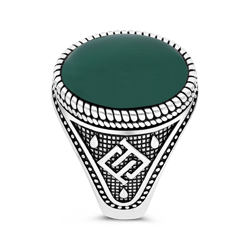 Sterling Silver 925 Ring Rhodium Plated Green Agate For Men LOGO