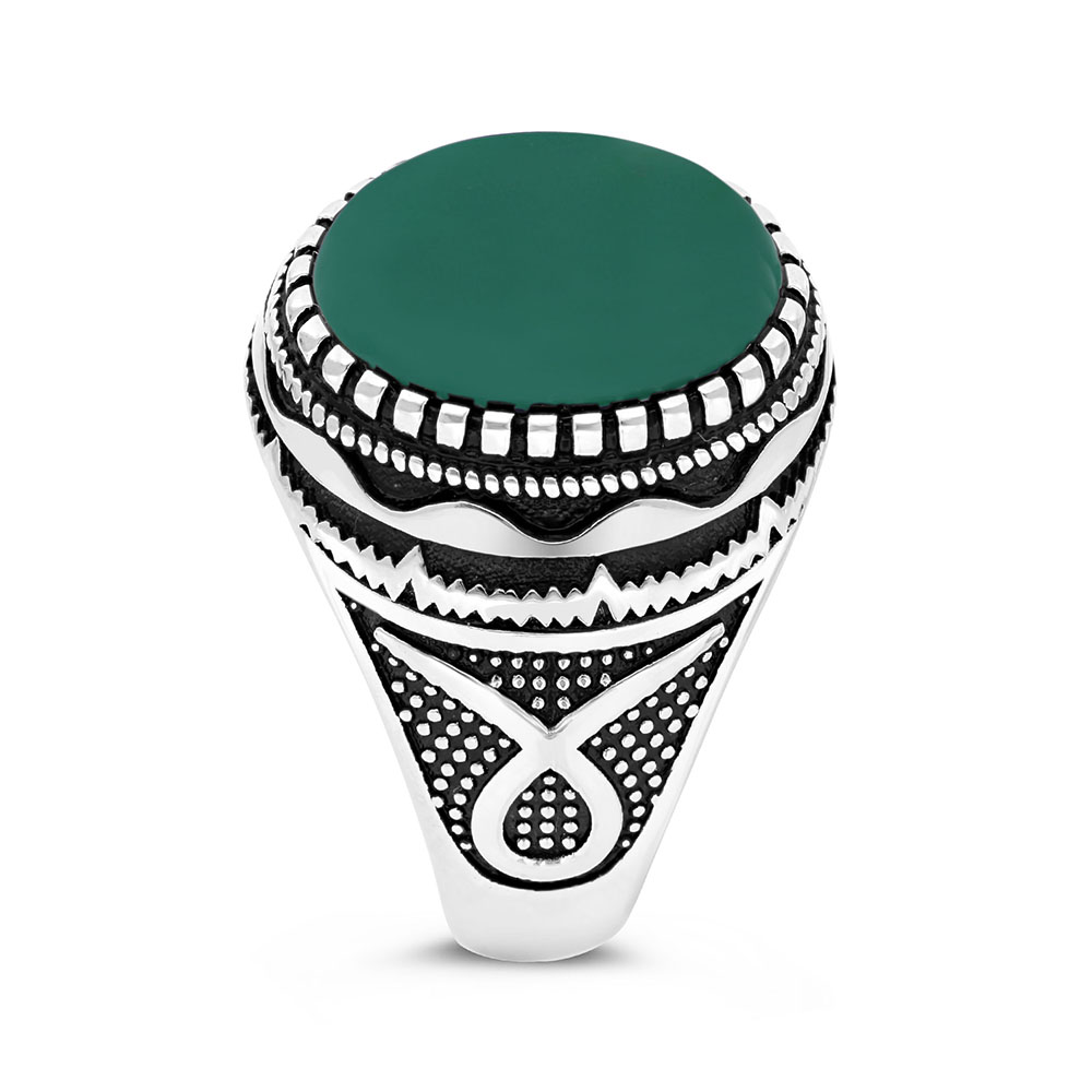Sterling Silver 925 Ring Rhodium Plated Green Agate For Men