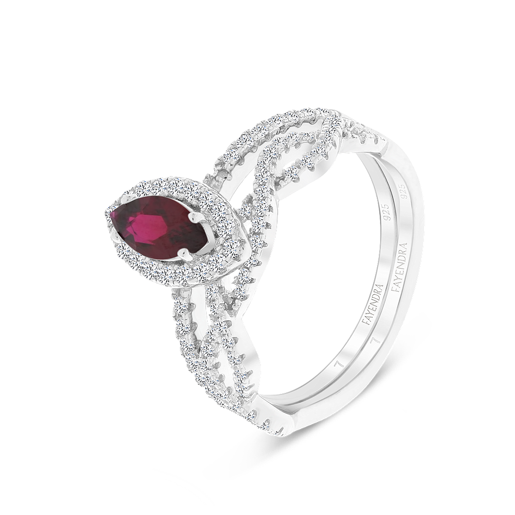 Sterling Silver 925 Ring (Twins) Rhodium Plated Ruby Corundum