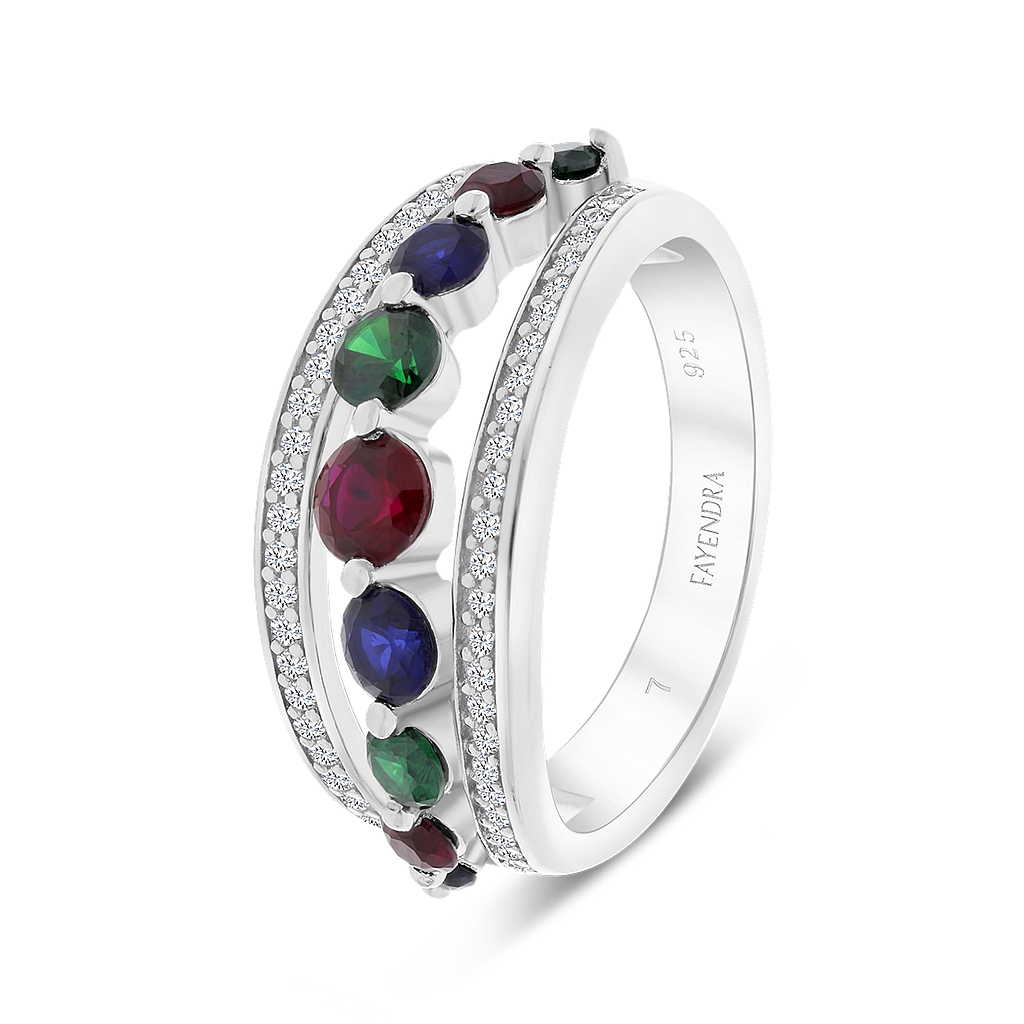 Sterling Silver 925 Ring Rhodium Plated Sapphire Corundum , Ruby Corundum , Emerald Zircon