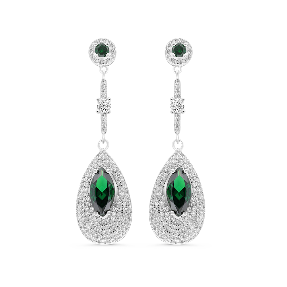 Sterling Silver 925 Earring Rhodium Plated Embedded With Emerald