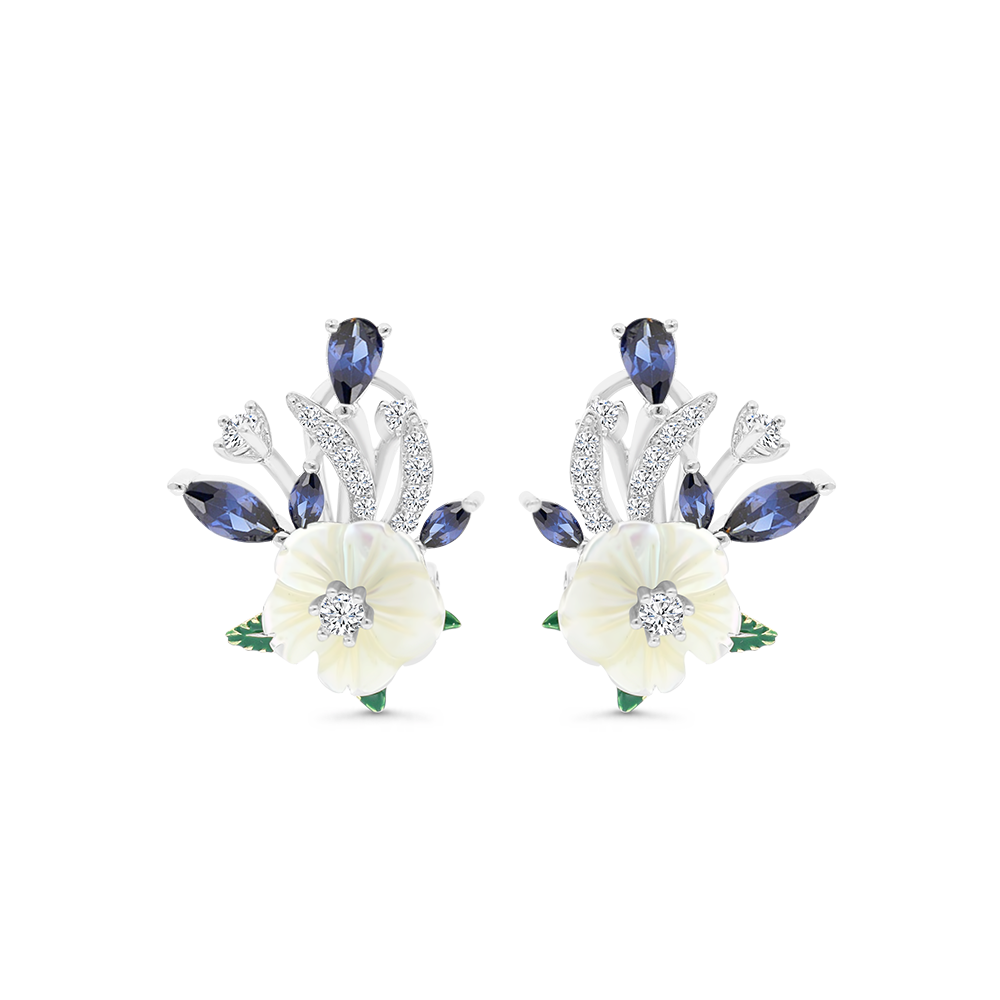 Sterling Silver 925 Earring Rhodium Plated Natural White Shell Tanzanite