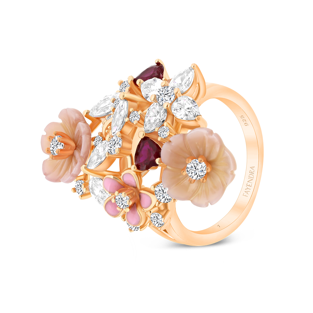 Sterling Silver 925 Ring Rose Gold Plated Natural pink Shell Ruby Corundum Enamel