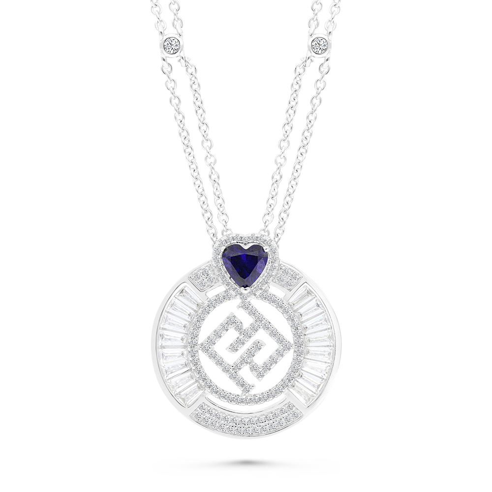 Sterling Silver 925 Necklace Rhodium Plated Sapphire Corundum