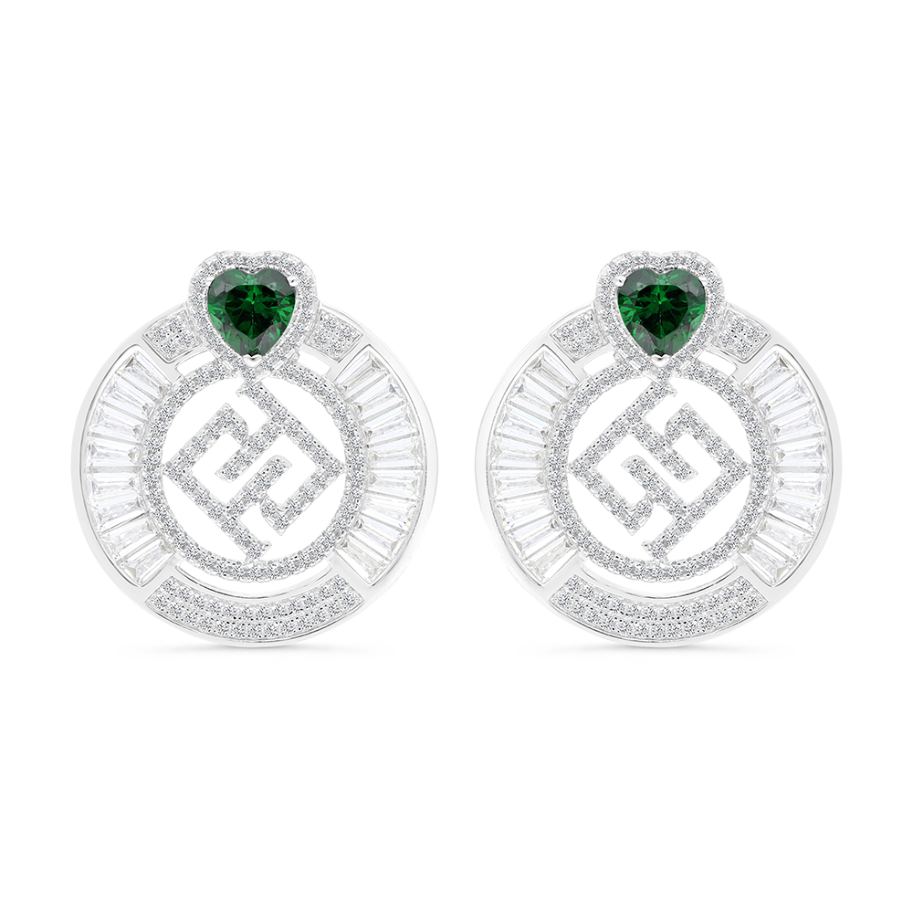 Sterling Silver 925 Earring Rhodium Plated Embedded With Emerald