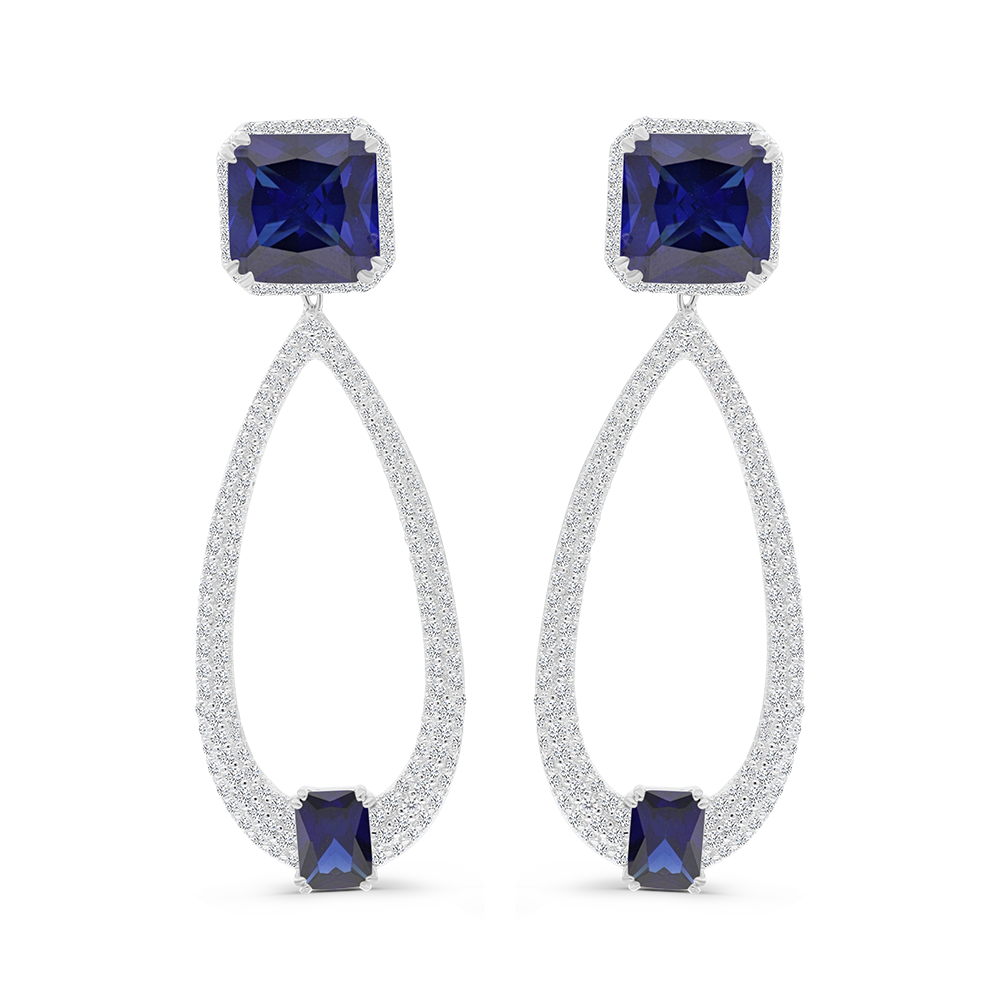 Sterling Silver 925 Earring Rhodium Plated Embedded With Sapphire Corundum