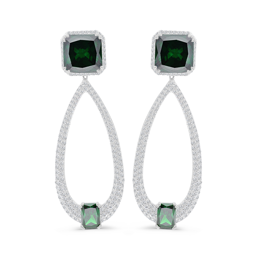 Sterling Silver 925 Earring Rhodium Plated Embedded With Emerald