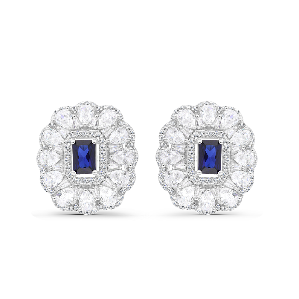 Sterling Silver 925 Earring Rhodium Plated Embedded With Sapphire Corundum