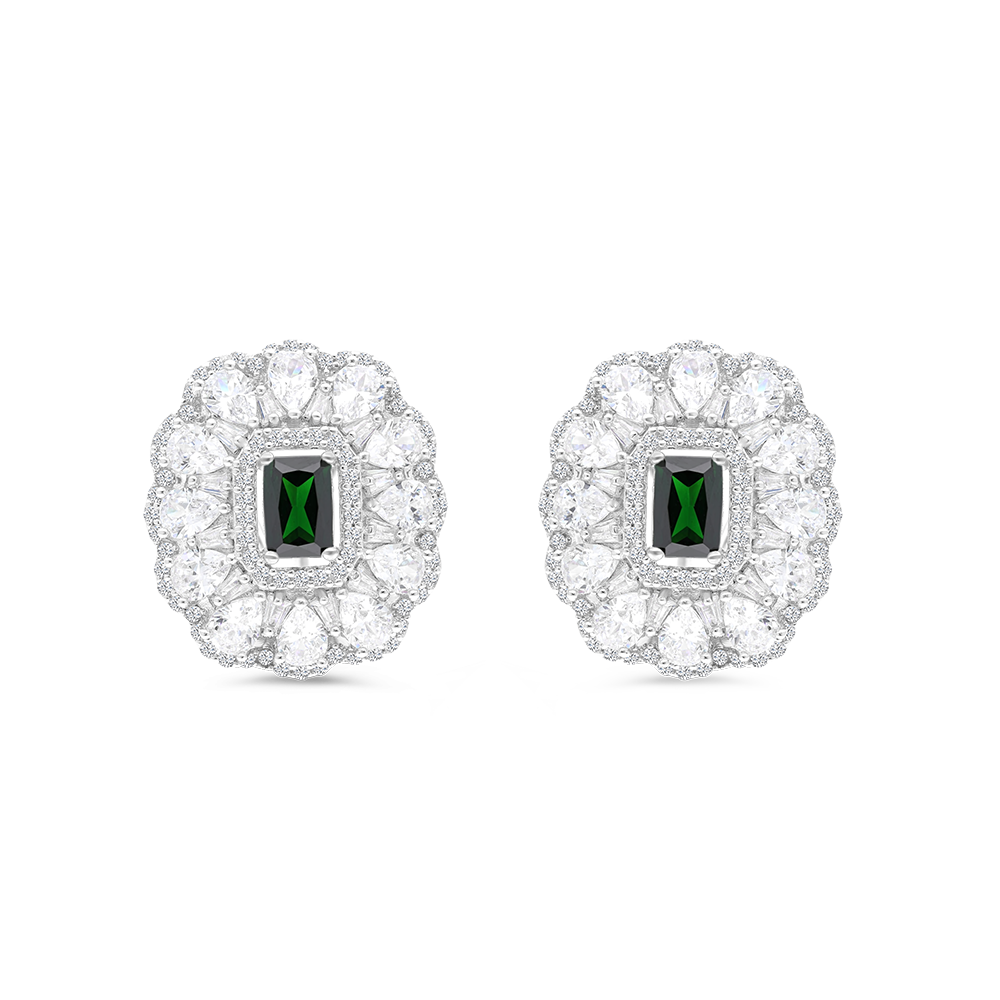 Sterling Silver 925 Earring Rhodium Plated Embedded With Emerald