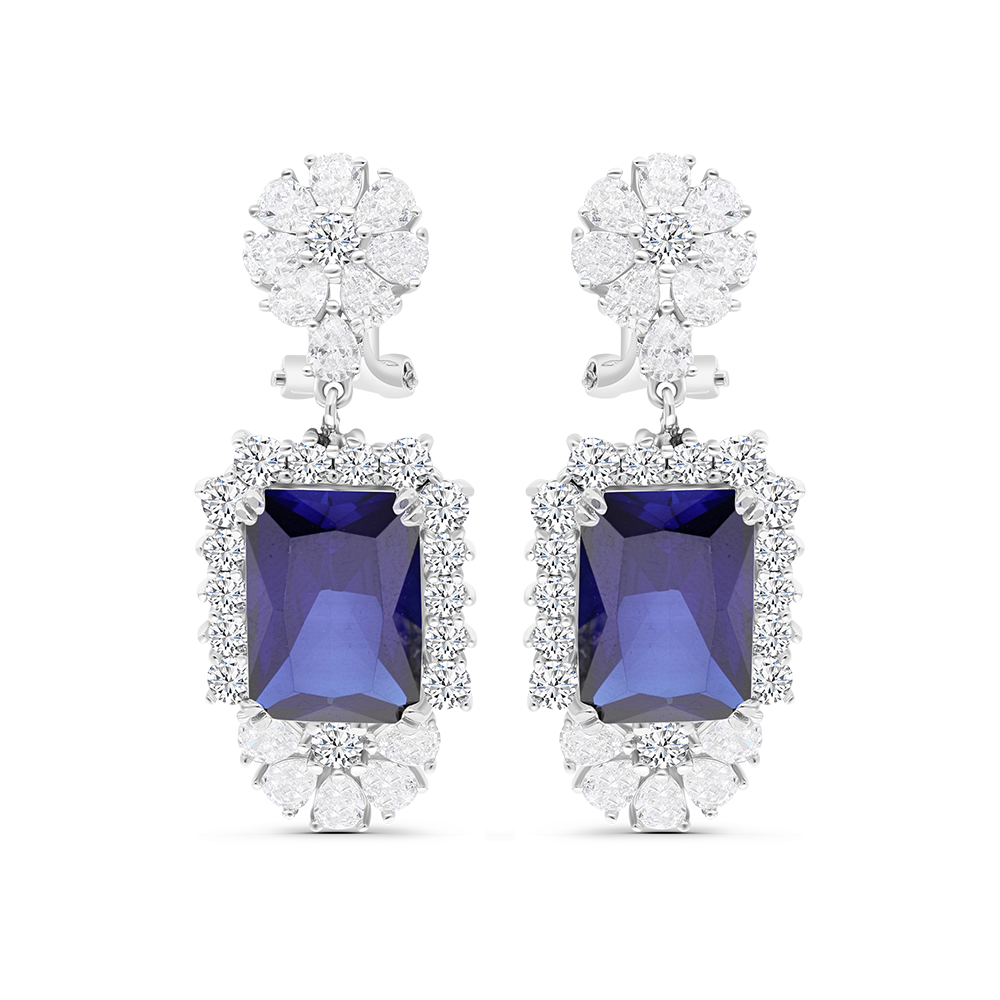 Sterling Silver 925 Earring Rhodium Plated Embedded With Tanzanite