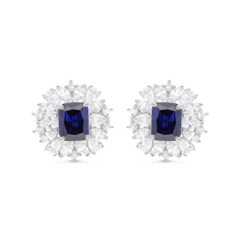 Sterling Silver 925 Earring Rhodium Plated Embedded With Tanzanite