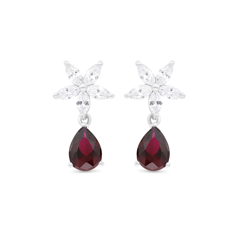 Sterling Silver 925 Earring Rhodium Plated Embedded With Ruby Corundum