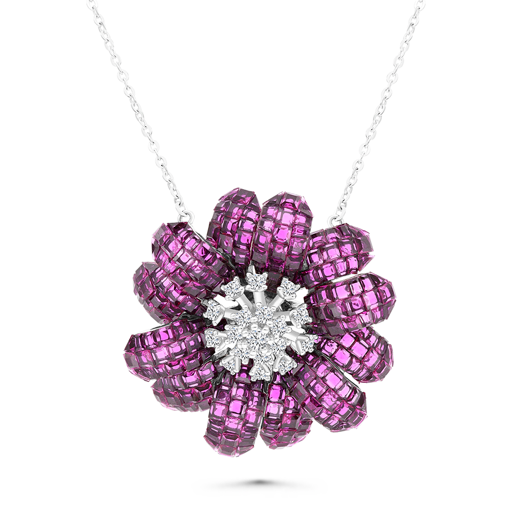 Sterling Silver 925 Necklace Rhodium Plated Embedded With Ruby Corundum