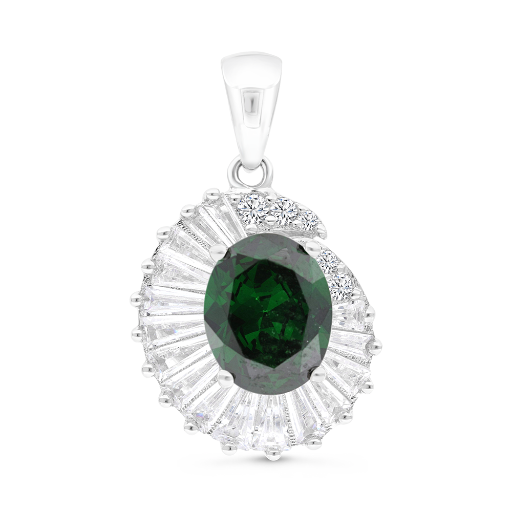 Sterling Silver 925 Pendant Rhodium Plated Embedded With Emerald