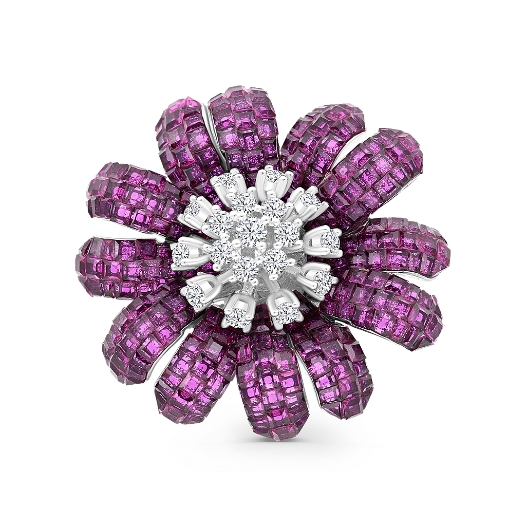 Sterling Silver 925 brooch Rhodium Plated Embedded With Ruby Corundum