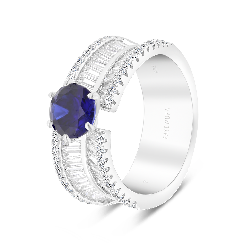 Sterling Silver 925 Ring Rhodium Plated Embedded With Sapphire Corundum