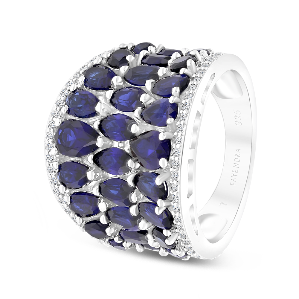 Sterling Silver 925 Ring Rhodium Plated Embedded With Sapphire Corundum