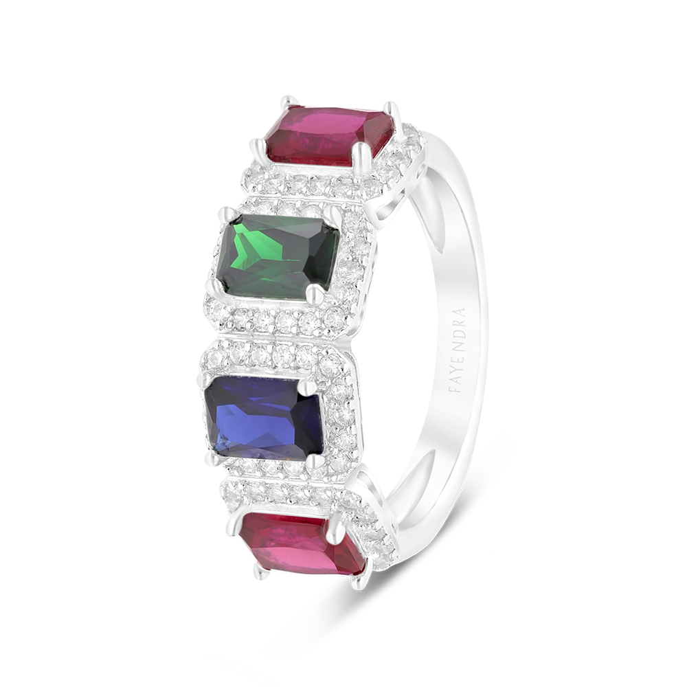 Sterling Silver 925 Ring Rhodium Plated Embedded With Multi Zircon