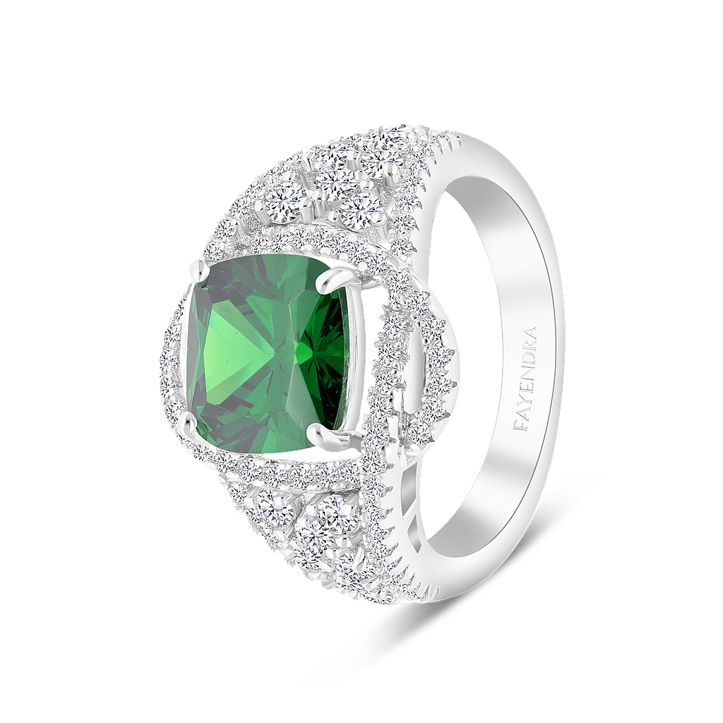 Sterling Silver 925 Ring Rhodium Plated Embedded With Emerald