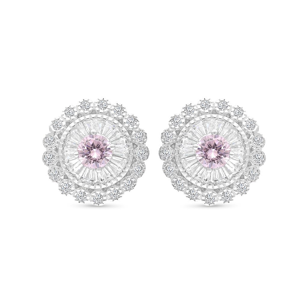 Sterling Silver 925 Earring Rhodium Plated Embedded With pink Zircon