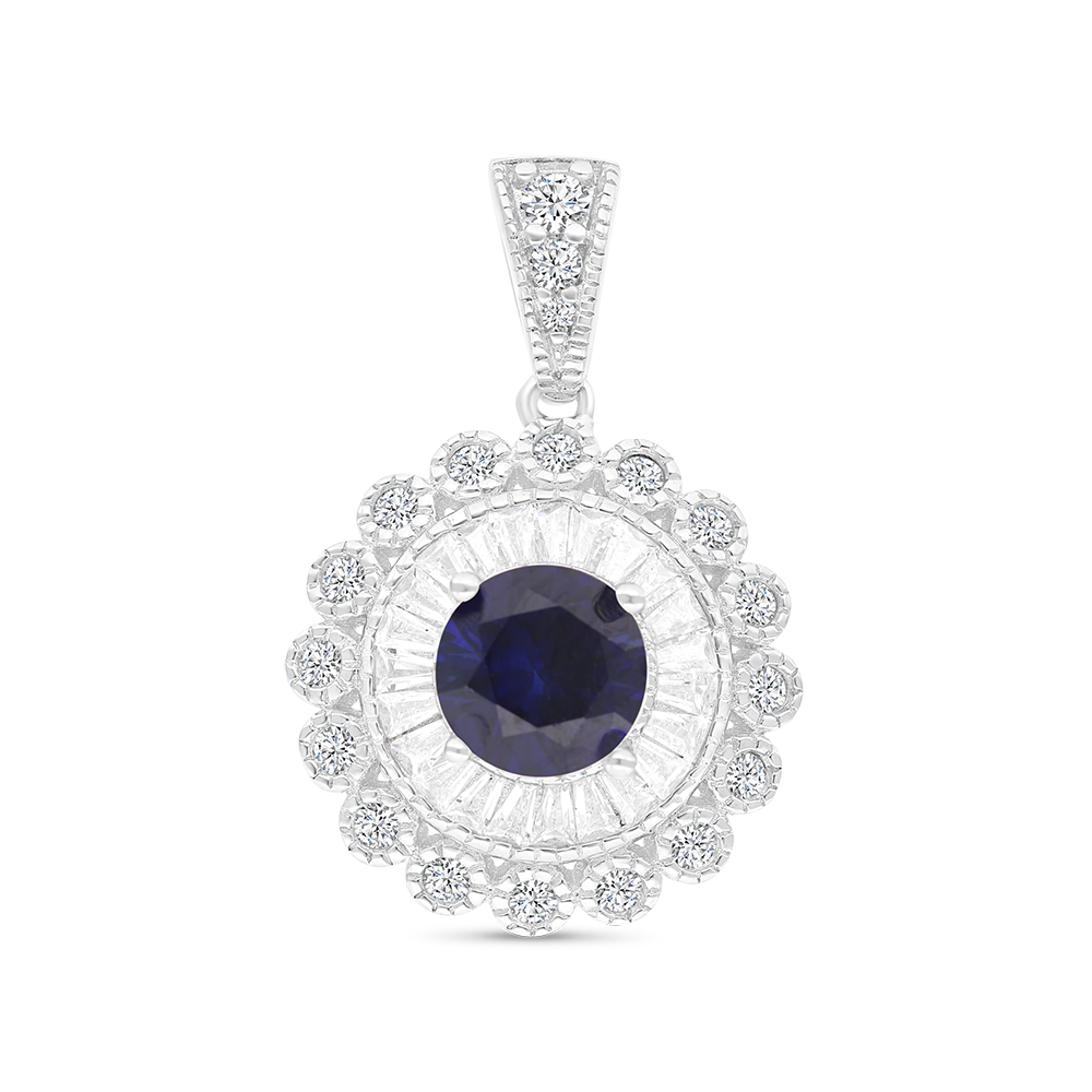 Sterling Silver 925 Pendant Rhodium Plated Embedded With Sapphire Corundum 