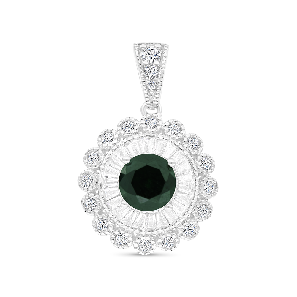 Sterling Silver 925 Pendant Rhodium Plated Embedded With Emerald