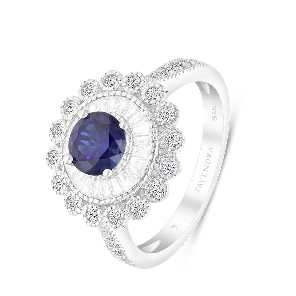 Sterling Silver 925 Ring Rhodium Plated Embedded With Sapphire Corundum