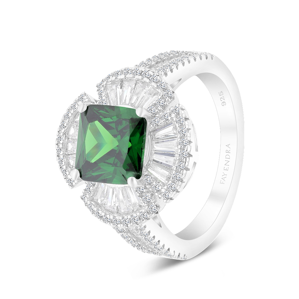 Sterling Silver 925 Ring Rhodium Plated Embedded With Emerald