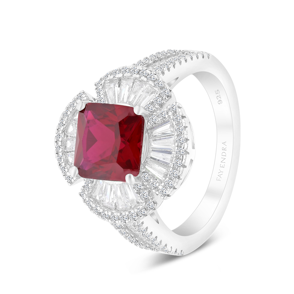 Sterling Silver 925 Ring Rhodium Plated Embedded With Ruby Corundum