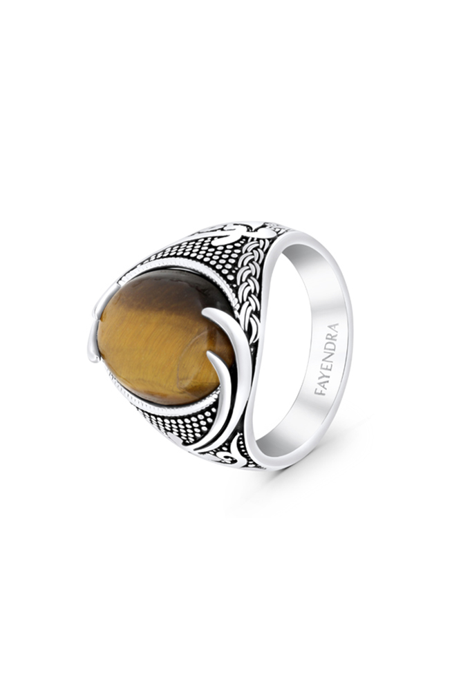 Sterling Silver 925 Ring Rhodium Plated Embedded With Yellow Tiger Eye For Men