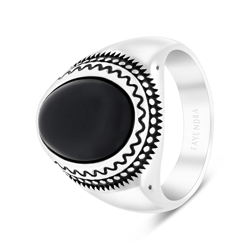 Sterling Silver 925 Ring Rhodium Plated Black Agate For Men