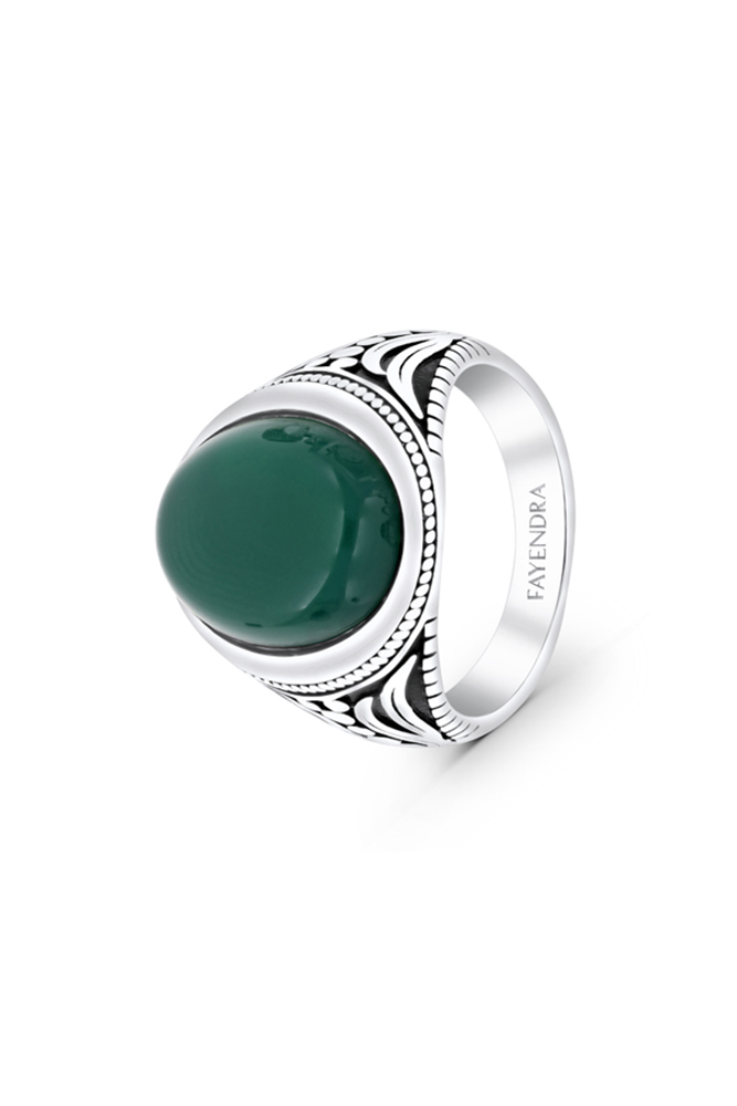 Sterling Silver 925 Ring Rhodium Plated Embedded With Green Agate For Men 