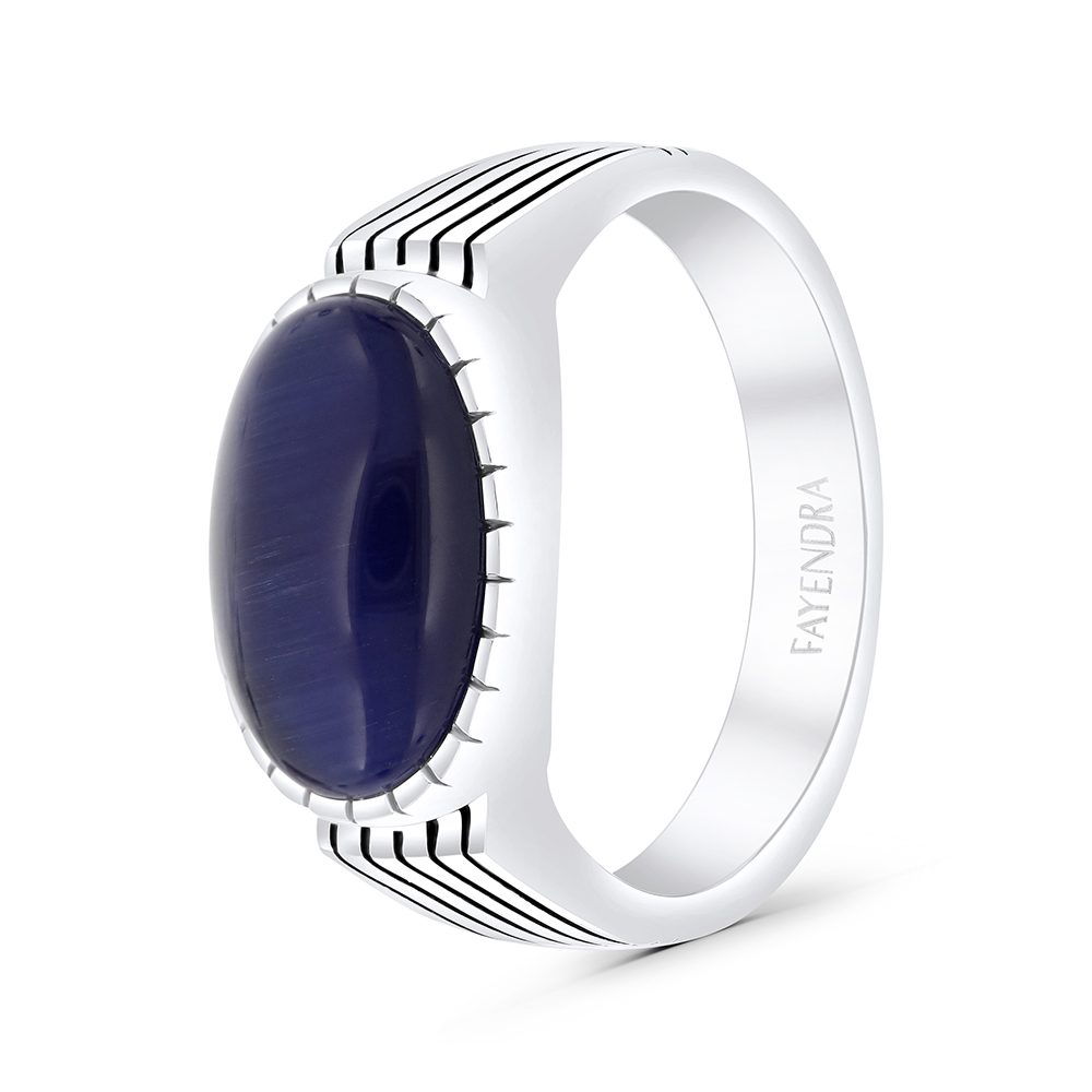 Sterling Silver 925 Ring Rhodium Plated Embedded With Blue Tiger Eye For Men 