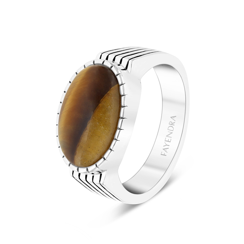 Sterling Silver 925 Ring Rhodium Plated Yellow Tiger Eye For Men