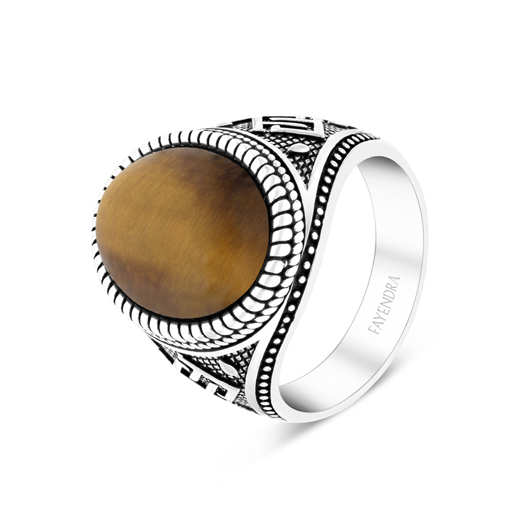 Sterling Silver 925 Ring Rhodium Plated Yellow Tiger Eye For Men