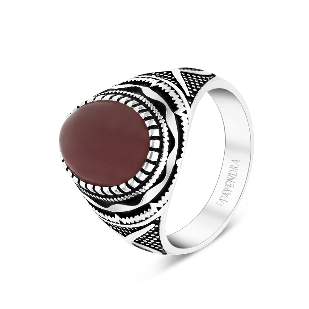 Sterling Silver 925 Ring Rhodium Plated Red Natural Aqiq For Men