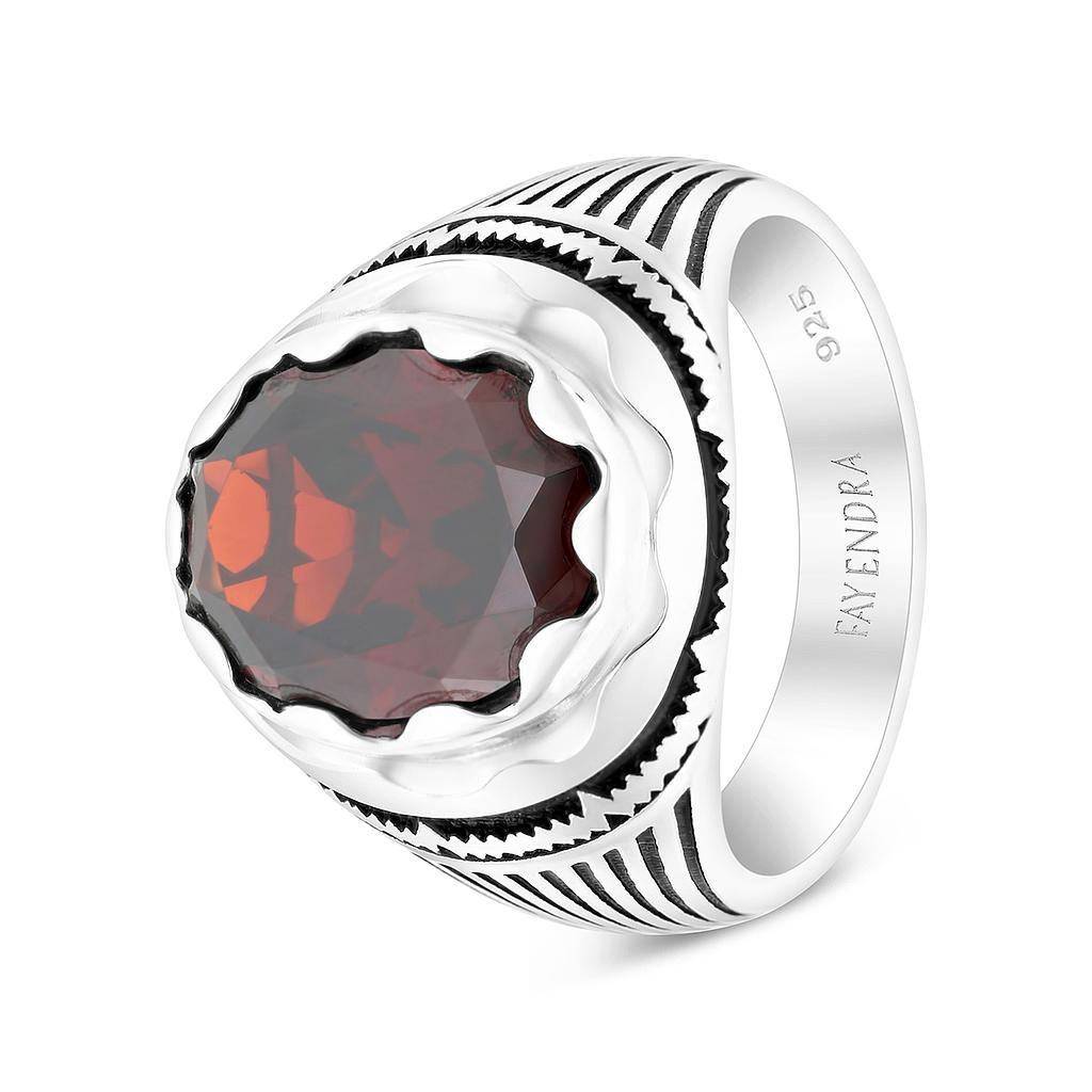 Sterling Silver 925 Ring Rhodium Plated Garnet CZ For Men