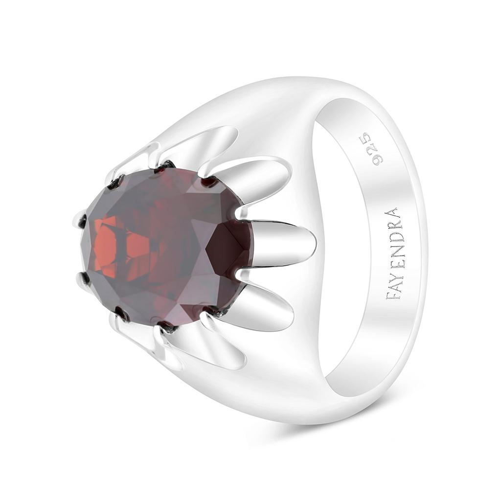 Sterling Silver 925 Ring Rhodium Plated Garnet CZ For Men