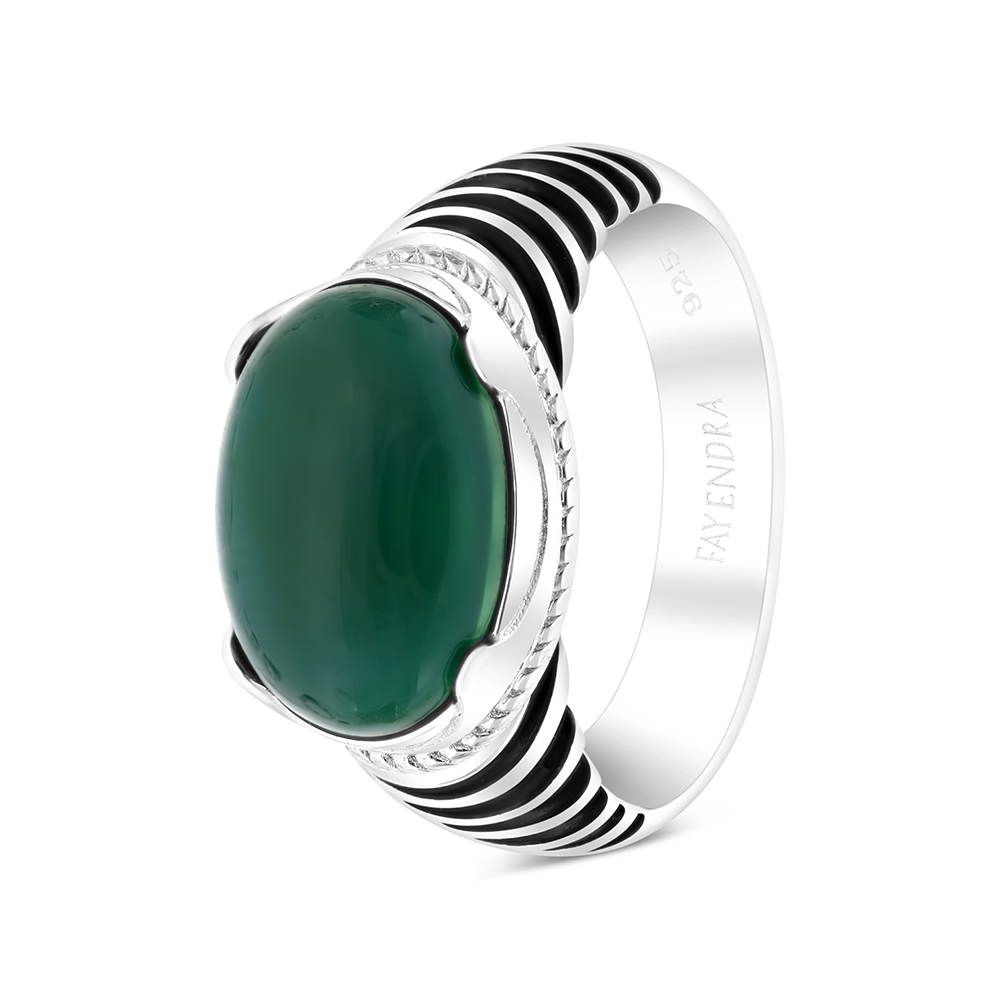 Sterling Silver 925 Ring Rhodium Plated Embedded With Green Agate For Men 