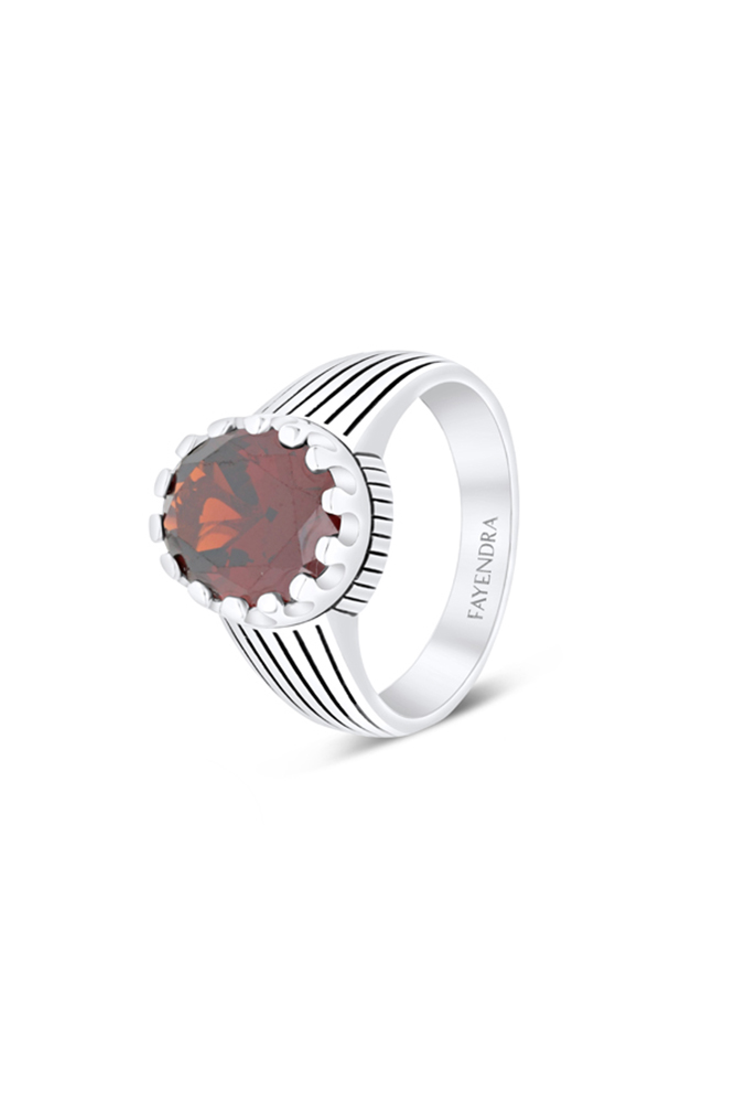 Sterling Silver 925 Ring Rhodium Plated Embedded With Garnet CZ For Men 