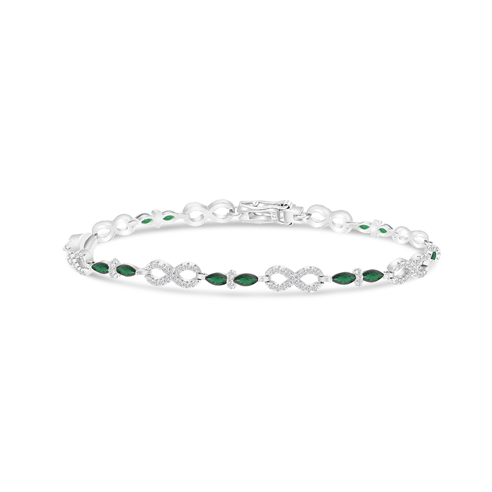 Sterling Silver 925 Bracelet Rhodium Plated Embedded With Emerald And White CZ